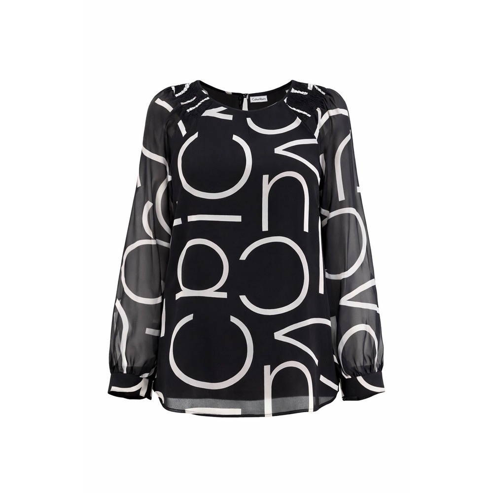 Calvin Klein‎ Logo Blouse L Black White Sheer Sleeve Career Top
